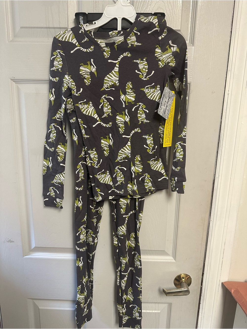 Kids Long Sleeve Pajama Set in Charcoal with Green Dino Print Halloween